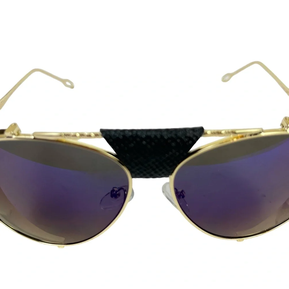 AVIATOR Gold Metal Frame Blue Purple Lense Faux Leather Black Trim Sunglasses - Picture 4 of 15
